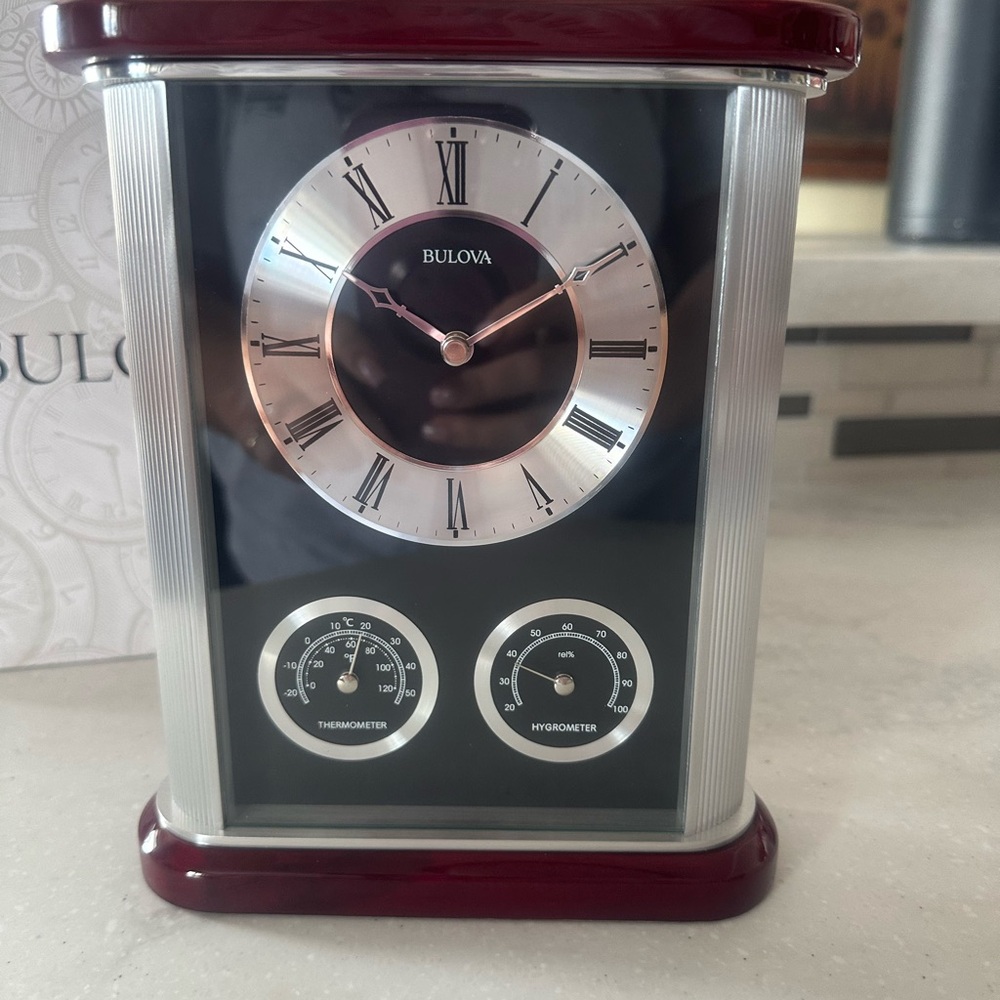 Bulova Burgundy Wall Clock with Thermometer and Hygrometer